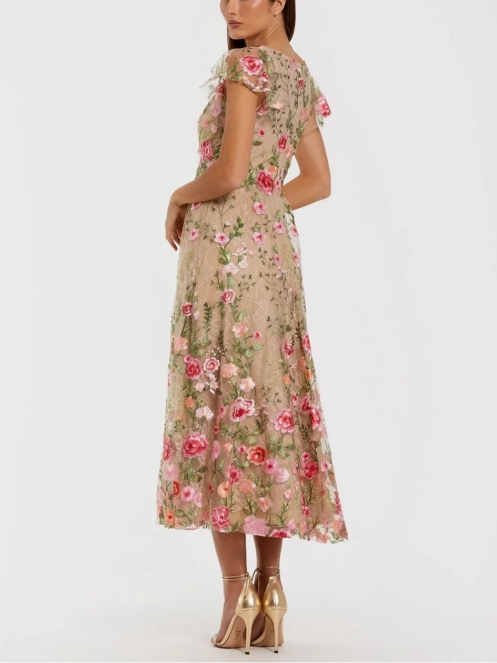 Mac Duggal Beige Floral Embroidered Flutter Sleeve Midi Dress 8 57173 - Picture 2 of 16